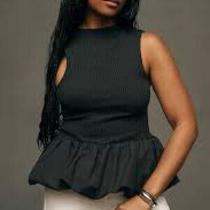 Anthropologie Maeve Black Ribbed Bubble peplum Top